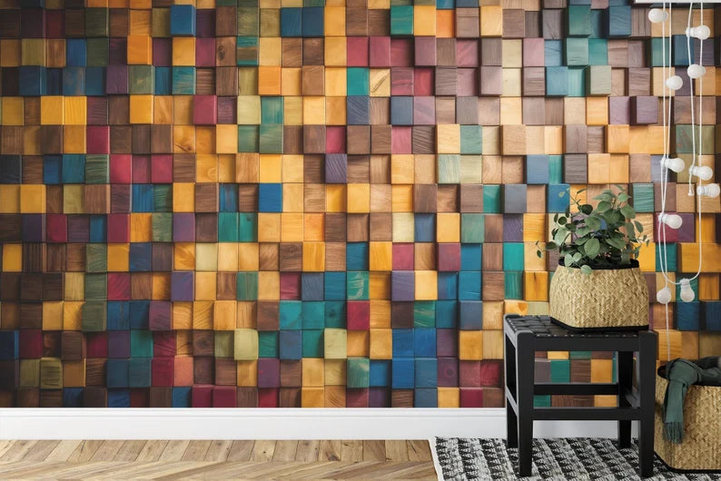 Mosaic Wood Wall Mural, Multi-Colored Wallpaper Easy Install