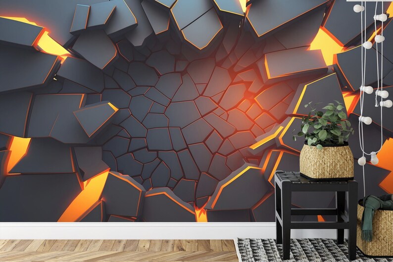 3D Abstract Broken Wall Mural, Black Geometric