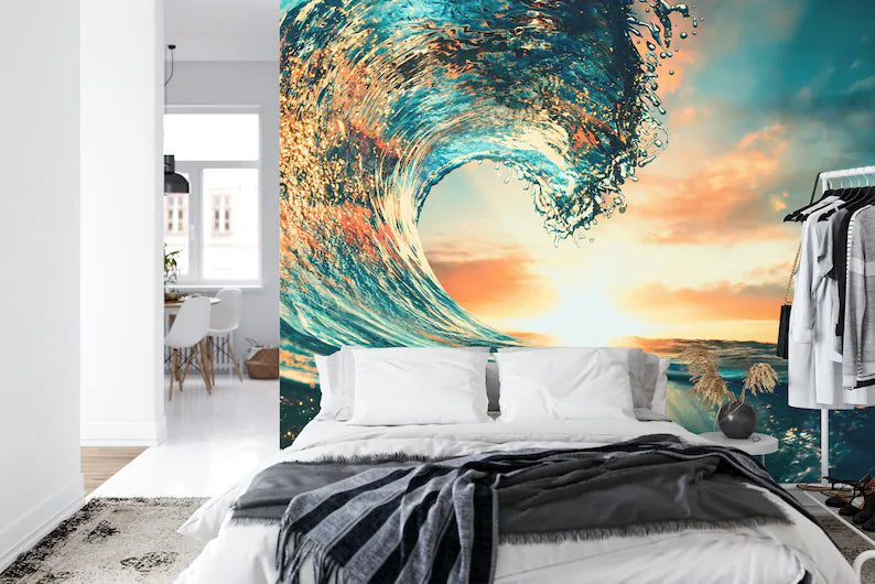 Ocean Wave Sunset Mural Art Print Gift