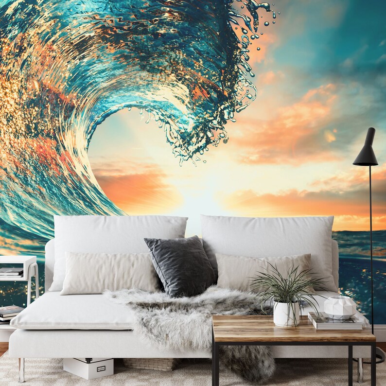 Ocean Wave Sunset Mural Art Print Gift