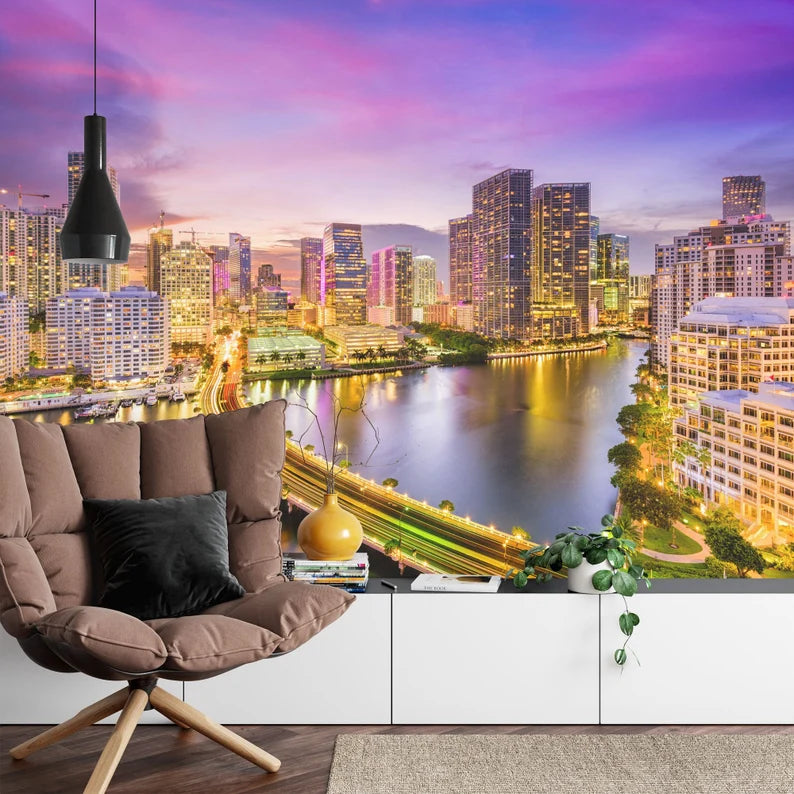 Miami Sunset Skyline Wallpaper Mural Art print
