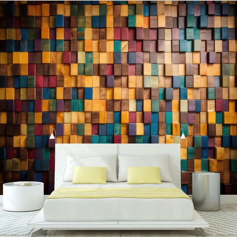 Mosaic Wood Wall Mural, Multi-Colored Wallpaper Easy Install