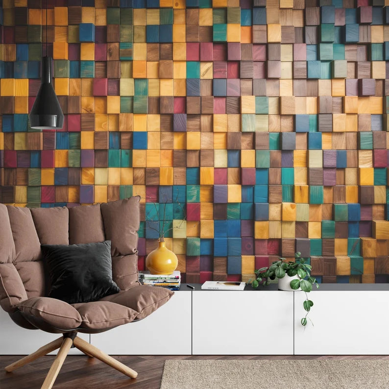 Mosaic Wood Wall Mural, Multi-Colored Wallpaper Easy Install