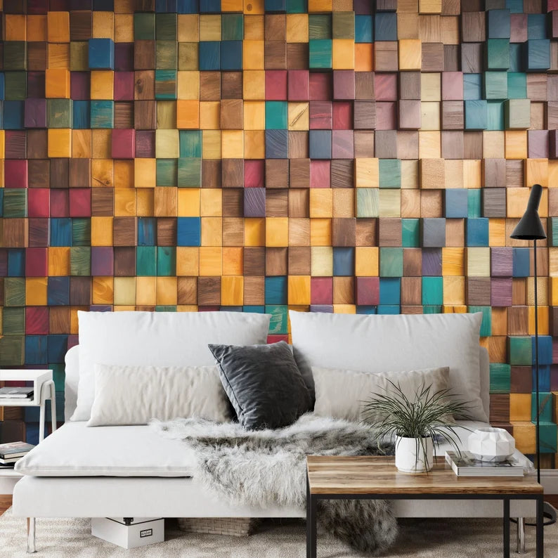 Mosaic Wood Wall Mural, Multi-Colored Wallpaper Easy Install