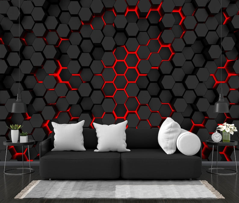Black and Red Hexagon Geometric Wallpaper Mural