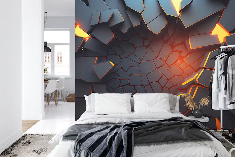 3D Abstract Broken Wall Mural, Black Geometric