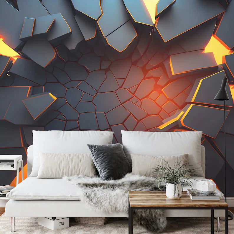 3D Abstract Broken Wall Mural, Black Geometric