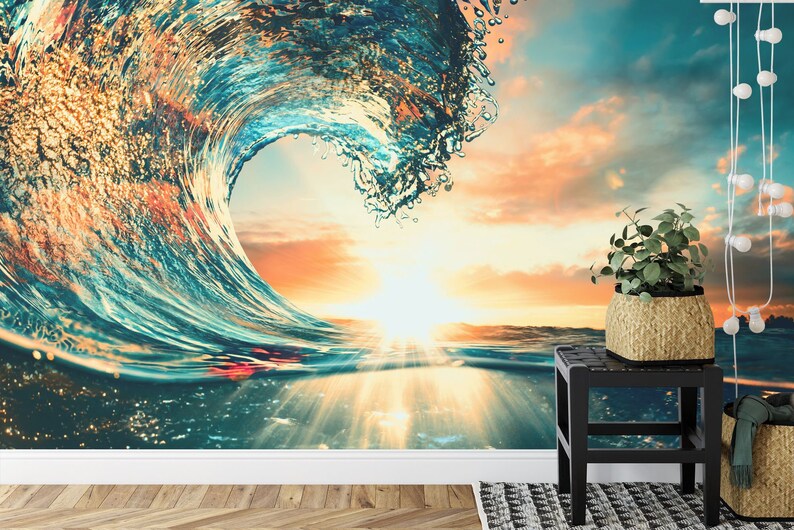 Ocean Wave Sunset Mural Art Print Gift