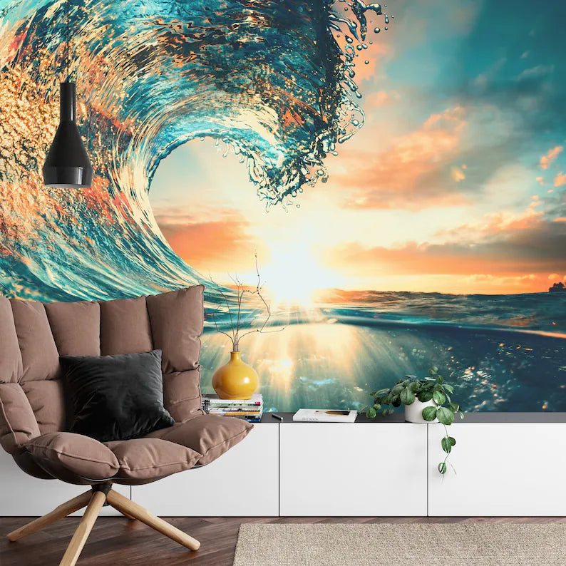 Ocean Wave Sunset Mural Art Print Gift