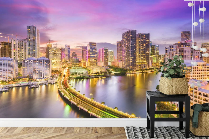 Miami Sunset Skyline Wallpaper Mural Art print