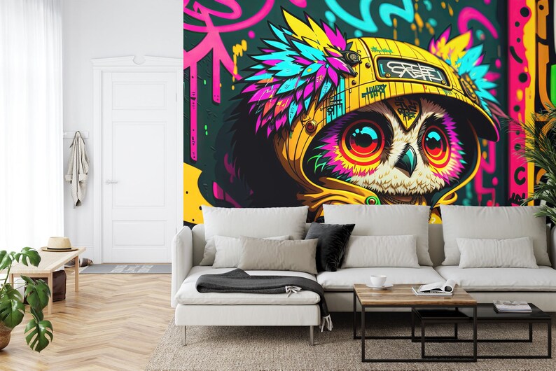 Colorful Graffiti Owl Mural, Street Art View Wallpaper