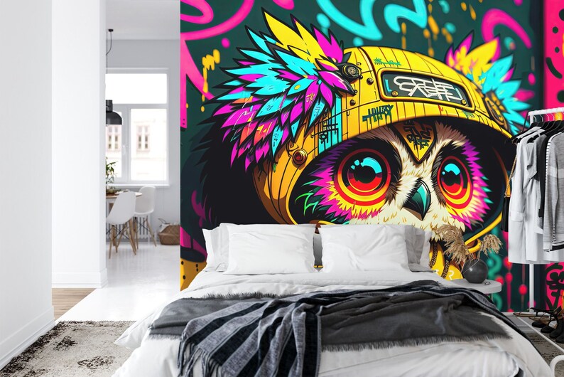 Colorful Graffiti Owl Mural, Street Art View Wallpaper