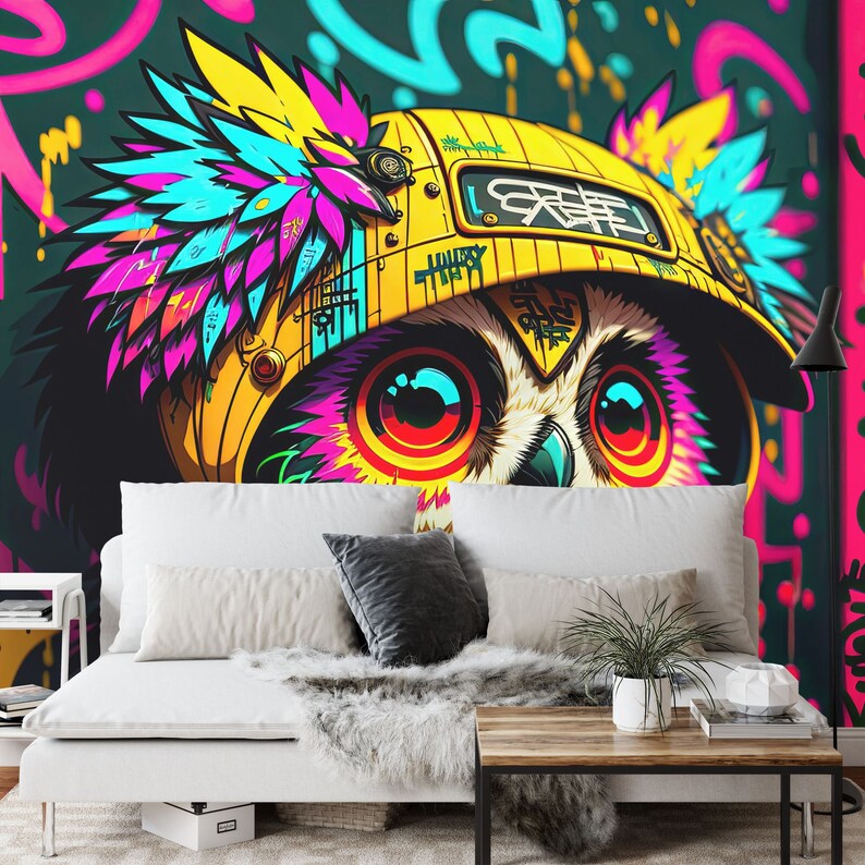 Colorful Graffiti Owl Mural, Street Art View Wallpaper