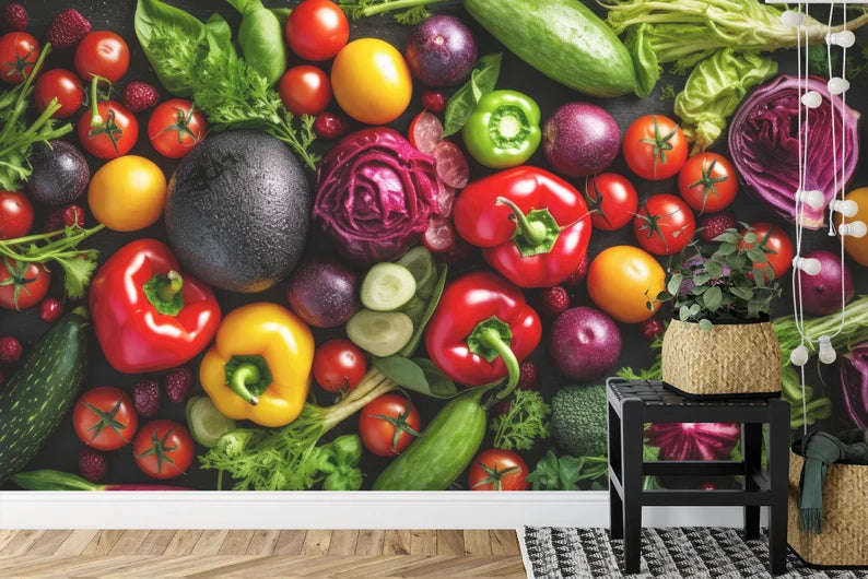 Vegetable Mural, Colorful Kitchen, Restaurant Wallpaper