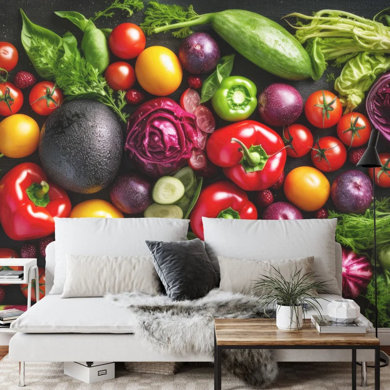 Vegetable Mural, Colorful Kitchen, Restaurant Wallpaper