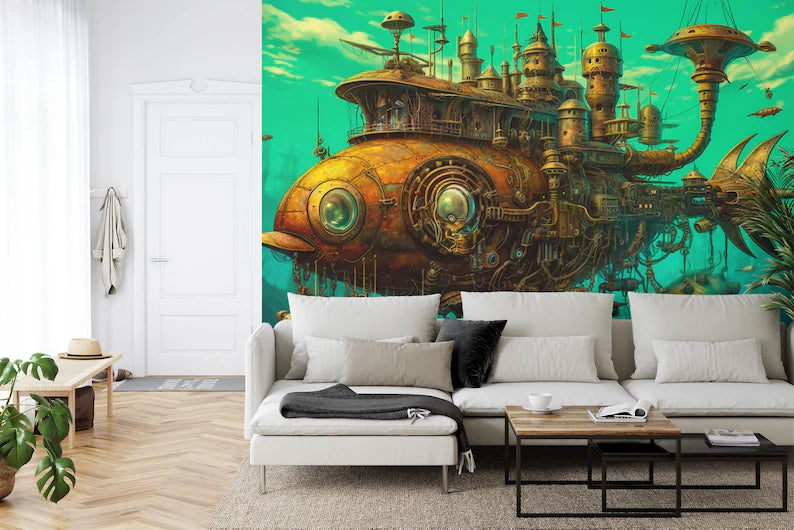 Steampunk Fish Boat Wallpaper Mural, Kids Room Decor