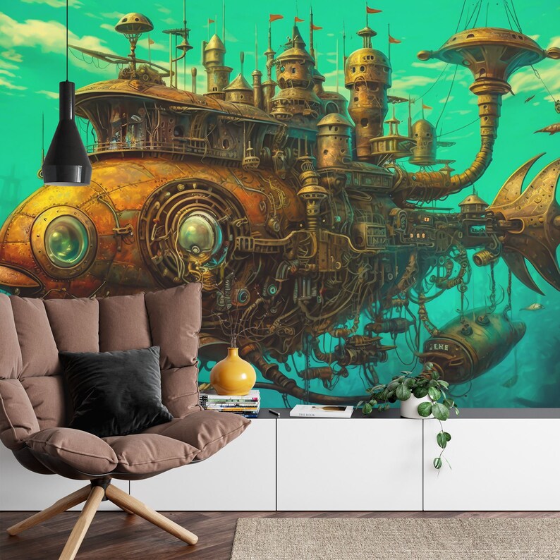 Steampunk Fish Boat Wallpaper Mural, Kids Room Decor