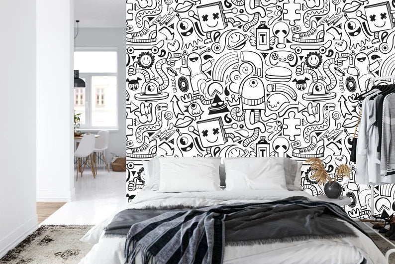Black and White Doodle Wall Mural, Art Print