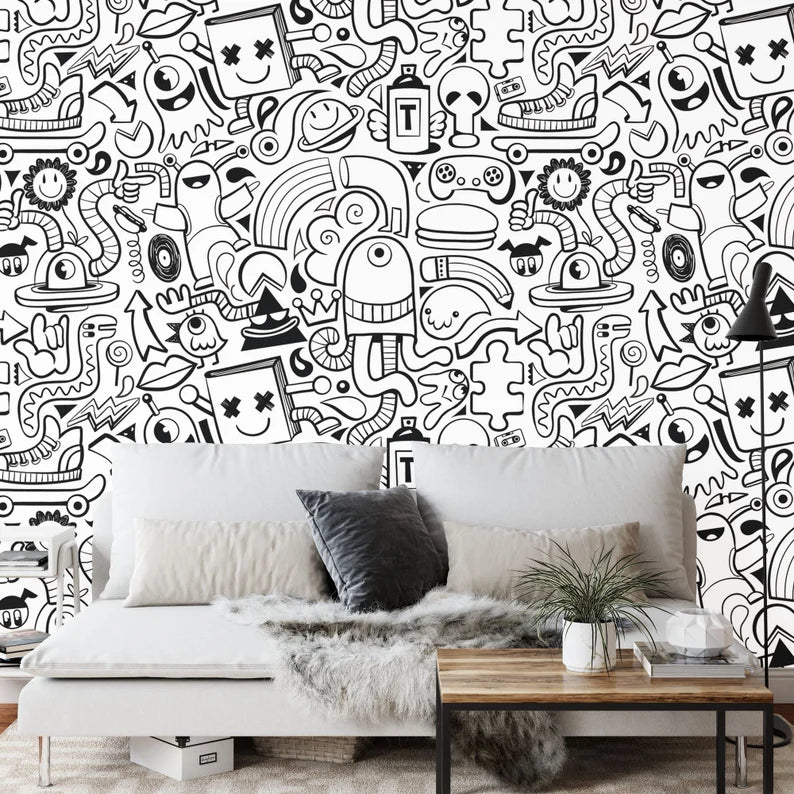 Black and White Doodle Wall Mural, Art Print