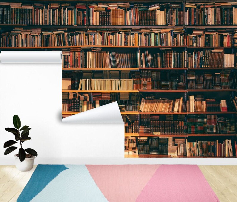 Vintage Bookshelf Wallpaper Mural, Easy-Install