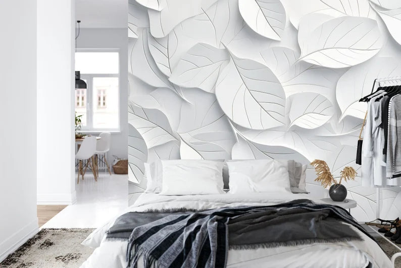 White Geometric Leaves 3D Wallpaper, Easy Install