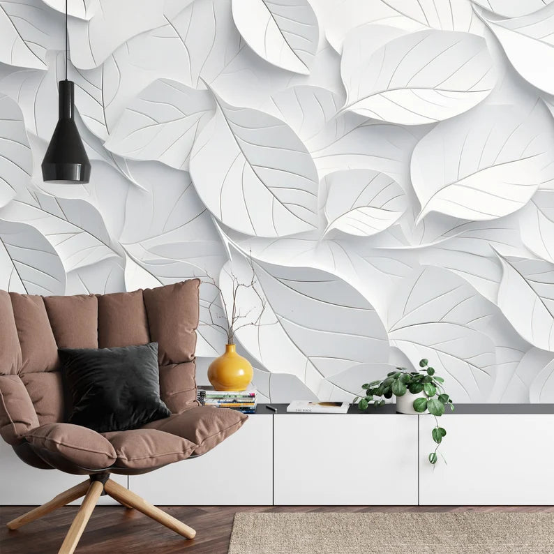 White Geometric Leaves 3D Wallpaper, Easy Install