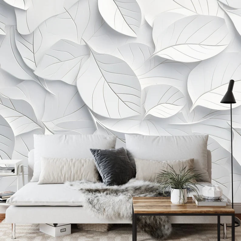 White Geometric Leaves 3D Wallpaper, Easy Install