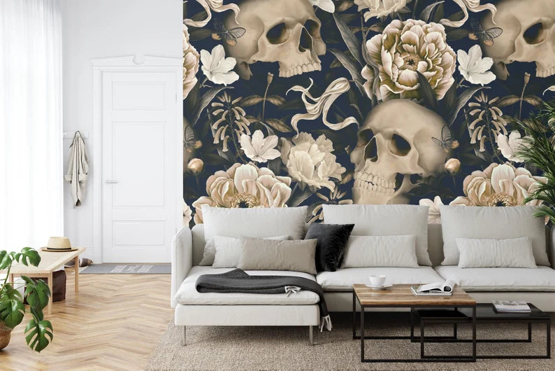 Gothic Floral Skull Wallpaper Mural - Dark Botanical