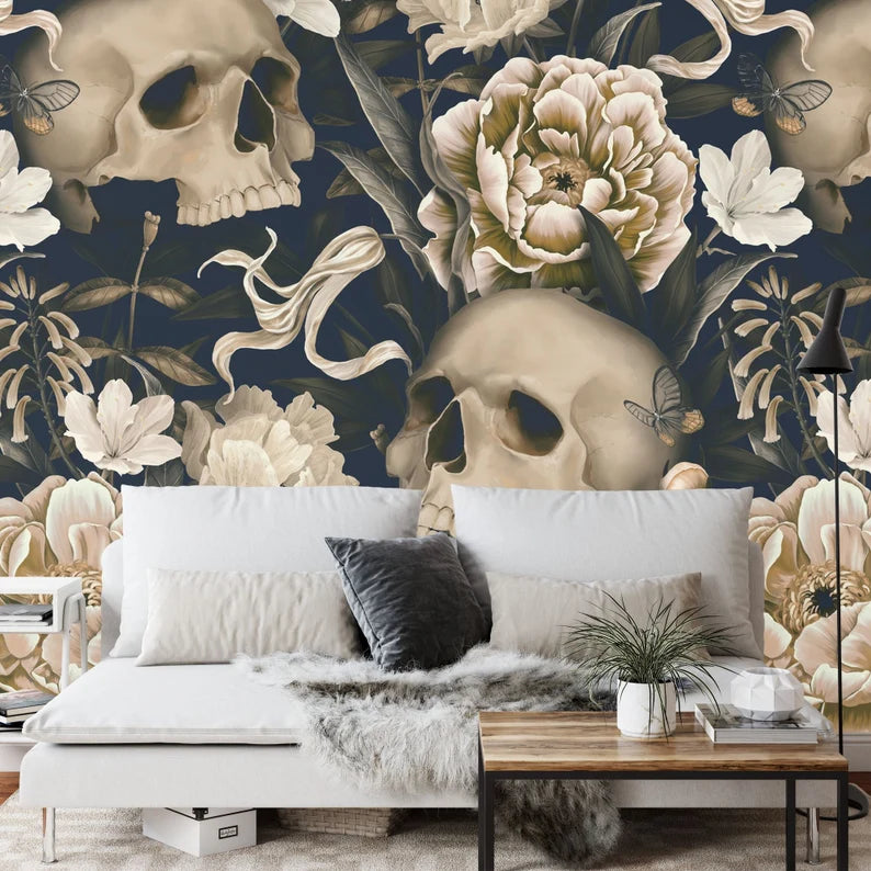 Gothic Floral Skull Wallpaper Mural - Dark Botanical