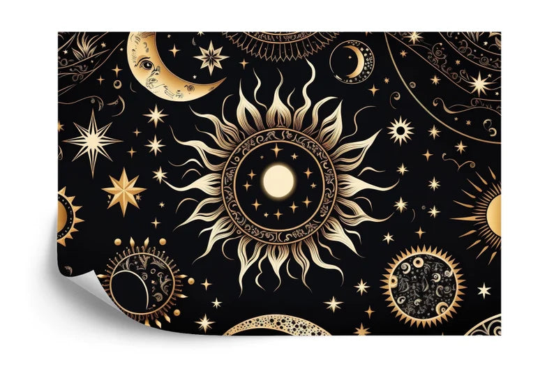 Golden Stars Moon Wallpaper Mural, Mystical Space