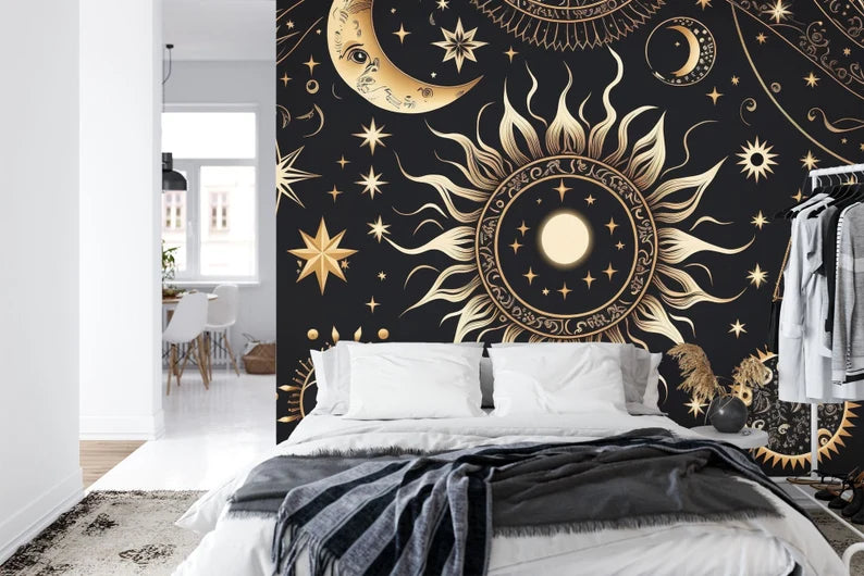 Golden Stars Moon Wallpaper Mural, Mystical Space