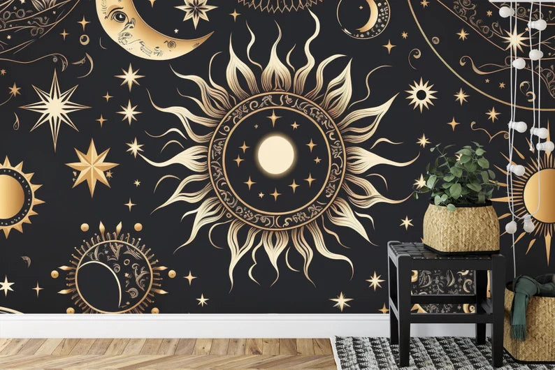 Golden Stars Moon Wallpaper Mural, Mystical Space