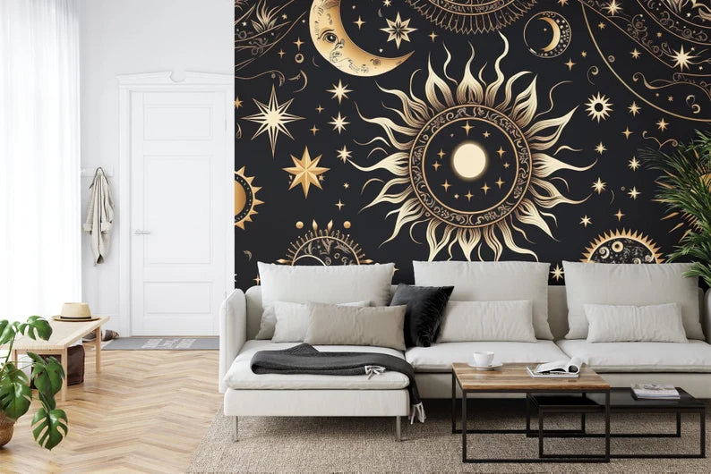 Golden Stars Moon Wallpaper Mural, Mystical Space