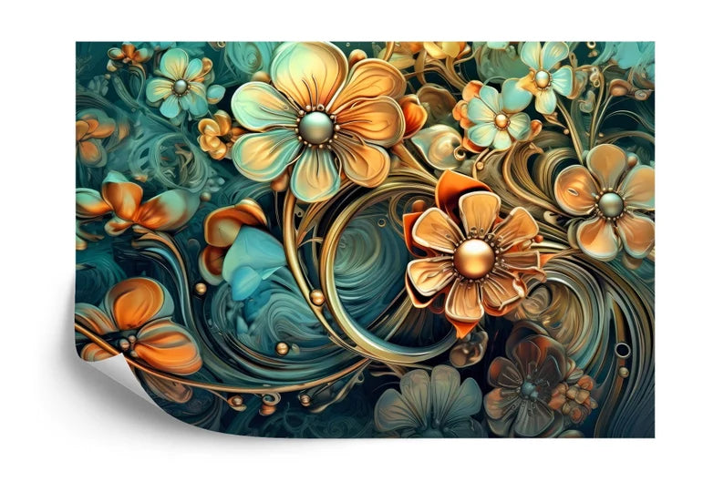 Golden Floral Wall Mural, 3D Metallic Flower Wallpaper