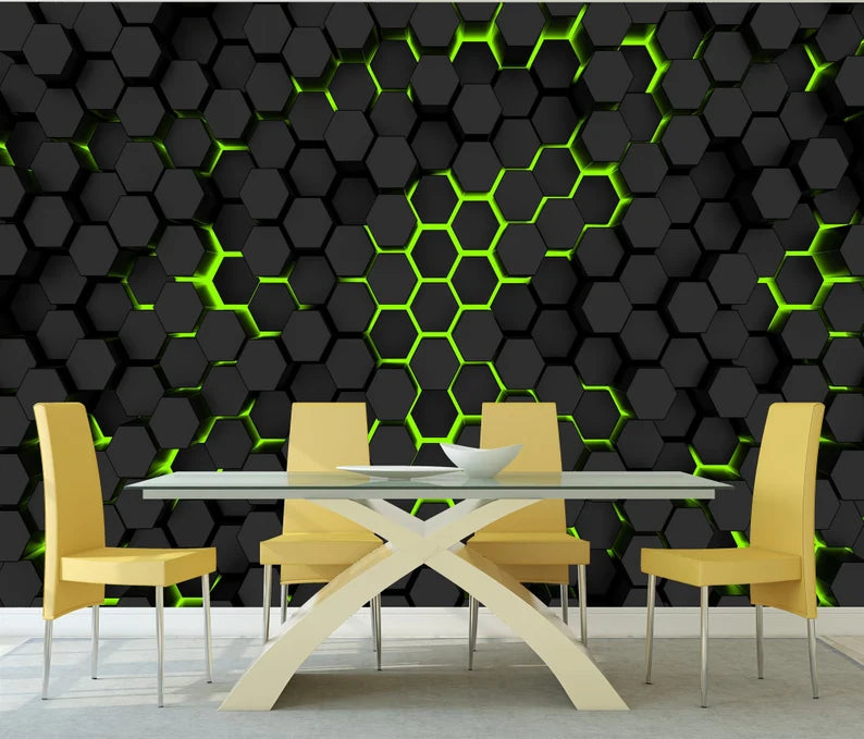 Black and Green Hexagon Wall Mural, Geometric Art Print