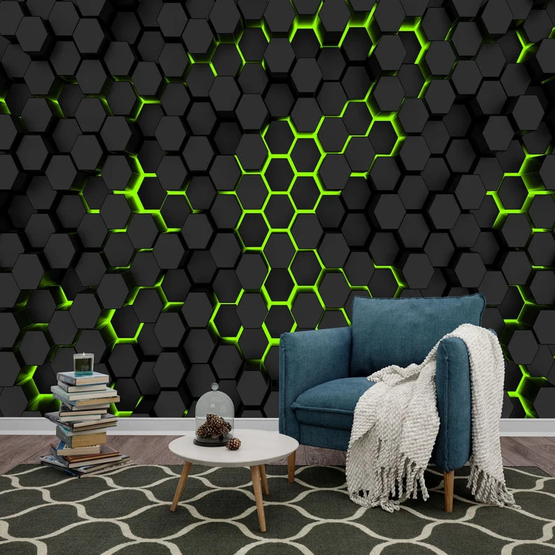 Black and Green Hexagon Wall Mural, Geometric Art Print