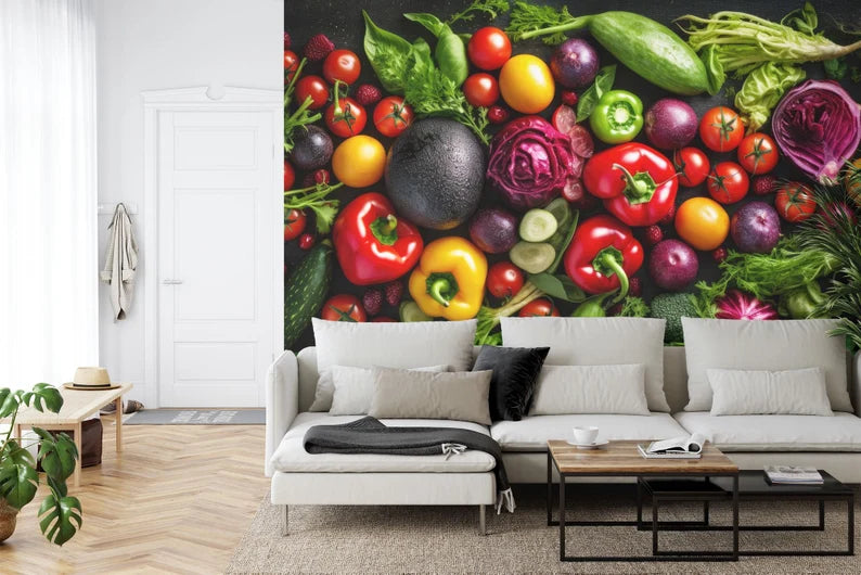 Vegetable Mural, Colorful Kitchen, Restaurant Wallpaper