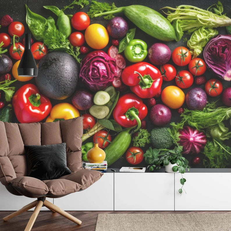 Vegetable Mural, Colorful Kitchen, Restaurant Wallpaper