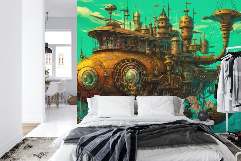 Steampunk Fish Boat Wallpaper Mural, Kids Room Decor