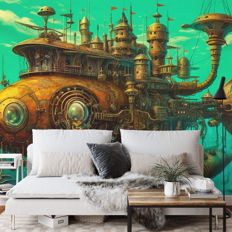 Steampunk Fish Boat Wallpaper Mural, Kids Room Decor
