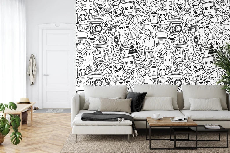 Black and White Doodle Wall Mural, Art Print
