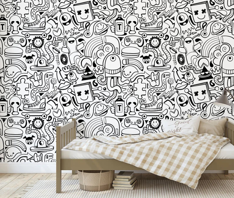 Black and White Doodle Wall Mural, Art Print