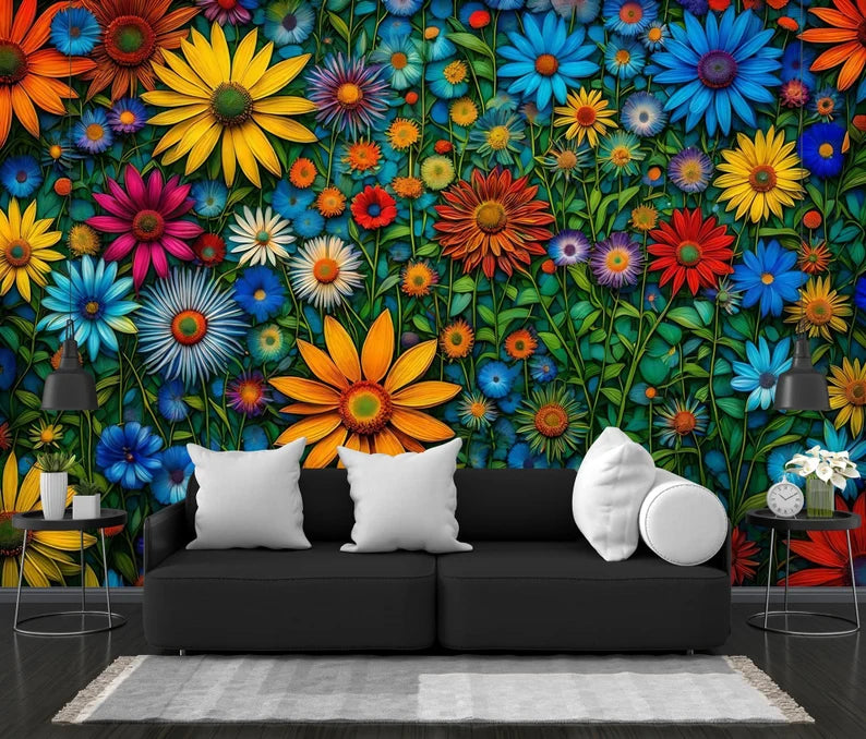 Floral Blossom Wall Mural, Colorful Spring Art Print