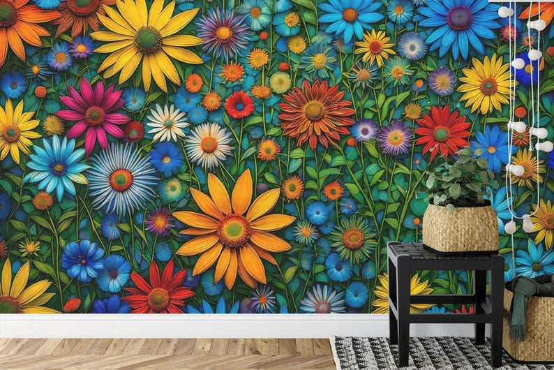 Floral Blossom Wall Mural, Colorful Spring Art Print