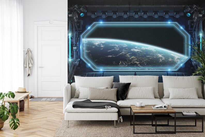 Spaceship Window Wall Mural, Stars Astronomy Kids Room