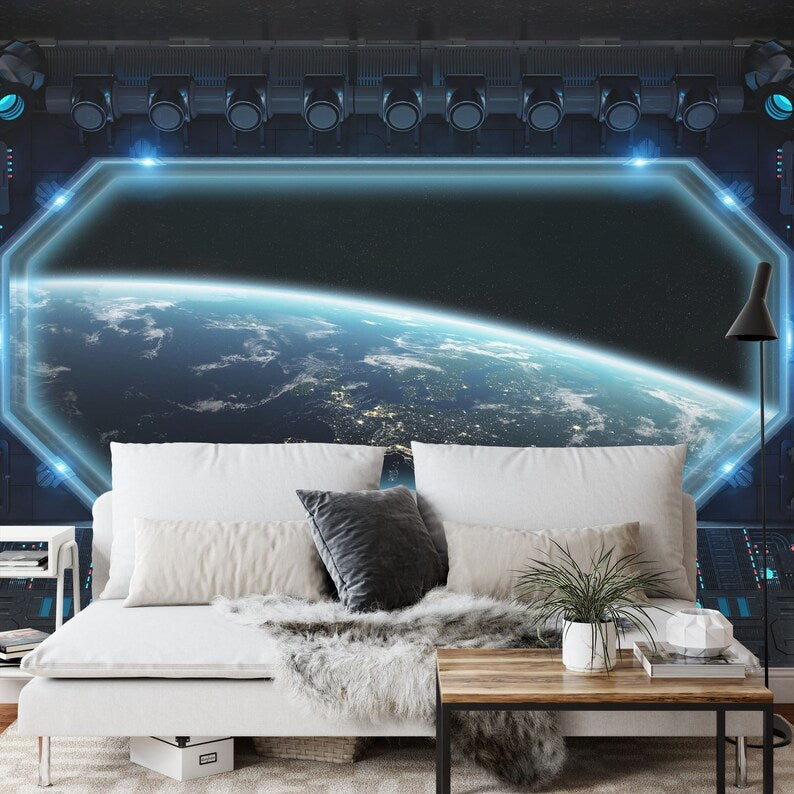 Spaceship Window Wall Mural, Stars Astronomy Kids Room