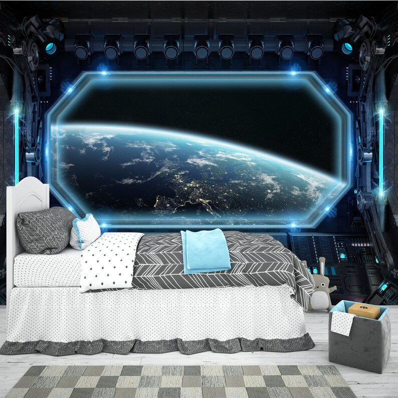 Spaceship Window Wall Mural, Stars Astronomy Kids Room