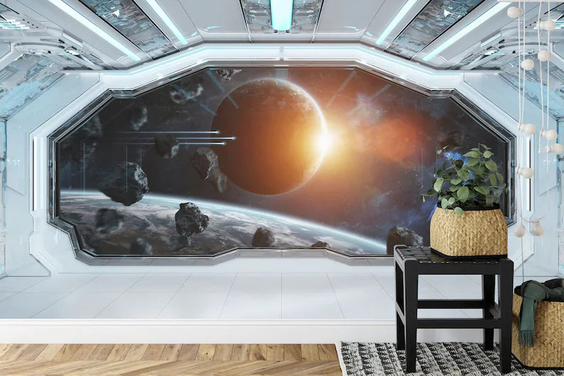 Spaceship Window Wall Mural, Stars Astronomy Kids Room
