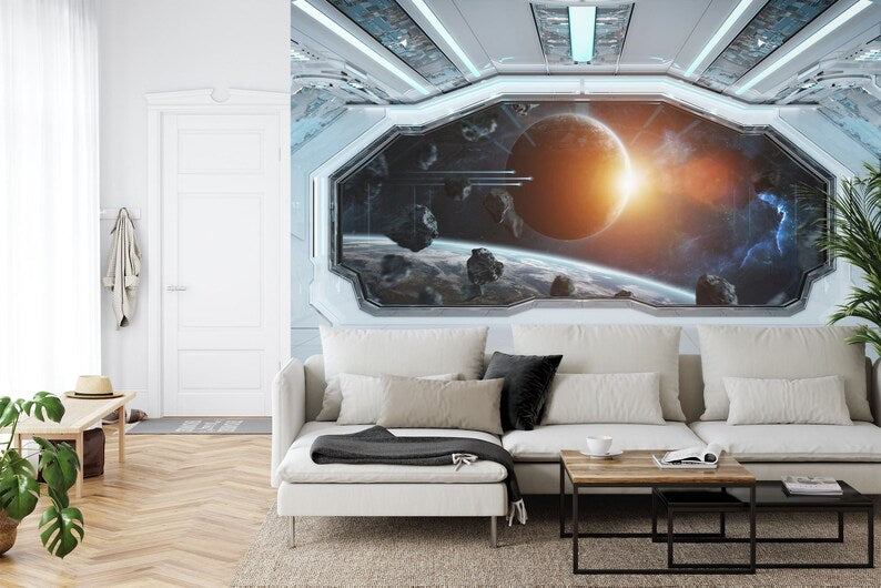 Spaceship Window Wall Mural, Stars Astronomy Kids Room
