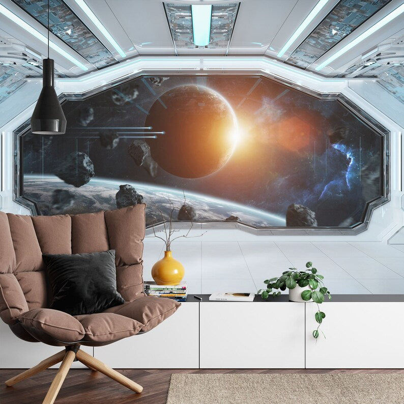 Spaceship Window Wall Mural, Stars Astronomy Kids Room